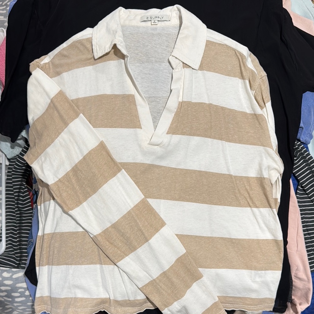Z Supply Beige and White Striped Long Sleeve Shirt